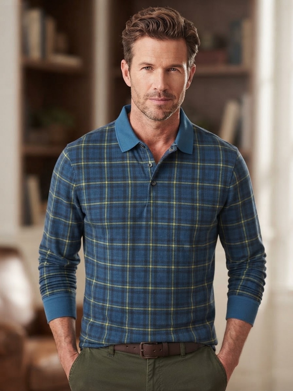 Lands' End Men's Blue Plaid Long-Sleeve Polo with Teal Accent